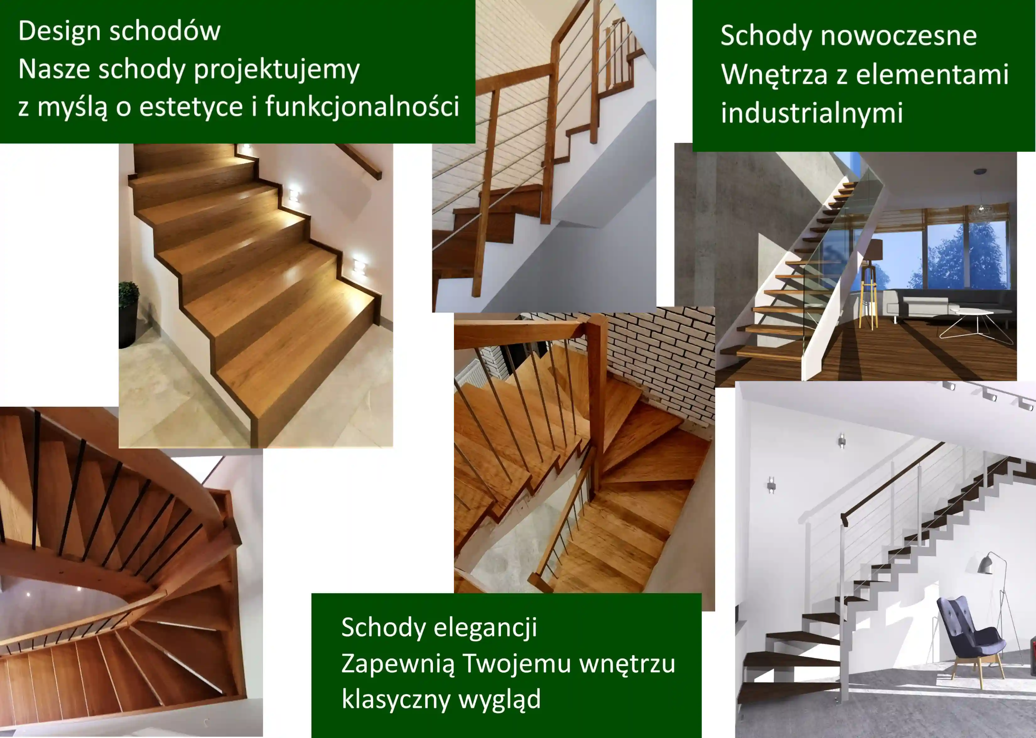 Kolaż realizacji Schody ZUT - schody drewniane, balustrady szklane i metalowe, stopnie dębowe Poznań